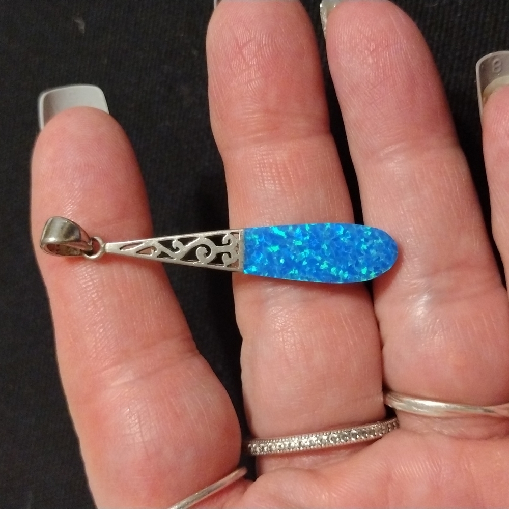 Sterling Silver Blue Lab Created Opal Inlay Tear Drop Pendant Stamped 925